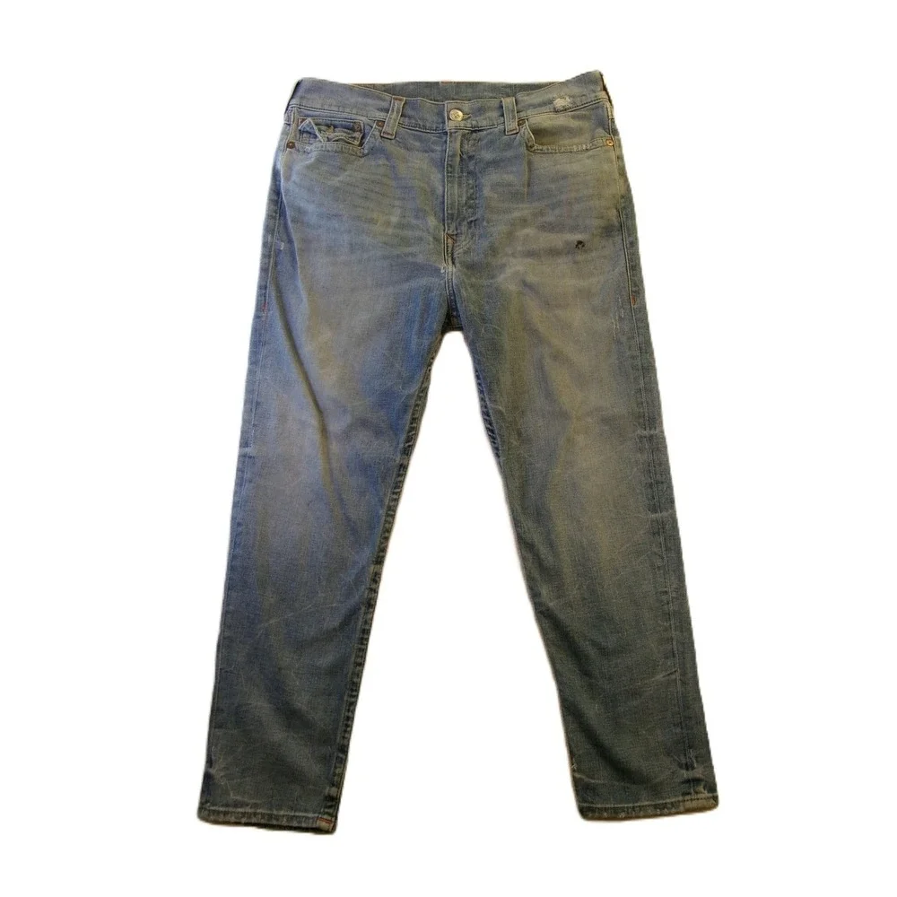 True Religion Mens 34 Slim Drop Rise Jeans Light Blue Flap‎ Pocket Distressed